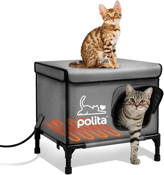 Polita Indestructible Heated Cat House for Outdoor Cats in Winter, Extremely Insulated & 100% Weatherproof, Elevated Feral Cat Shelter with Waterproof Eaves & Safe Escape Door for Stray & Barn Cats​​