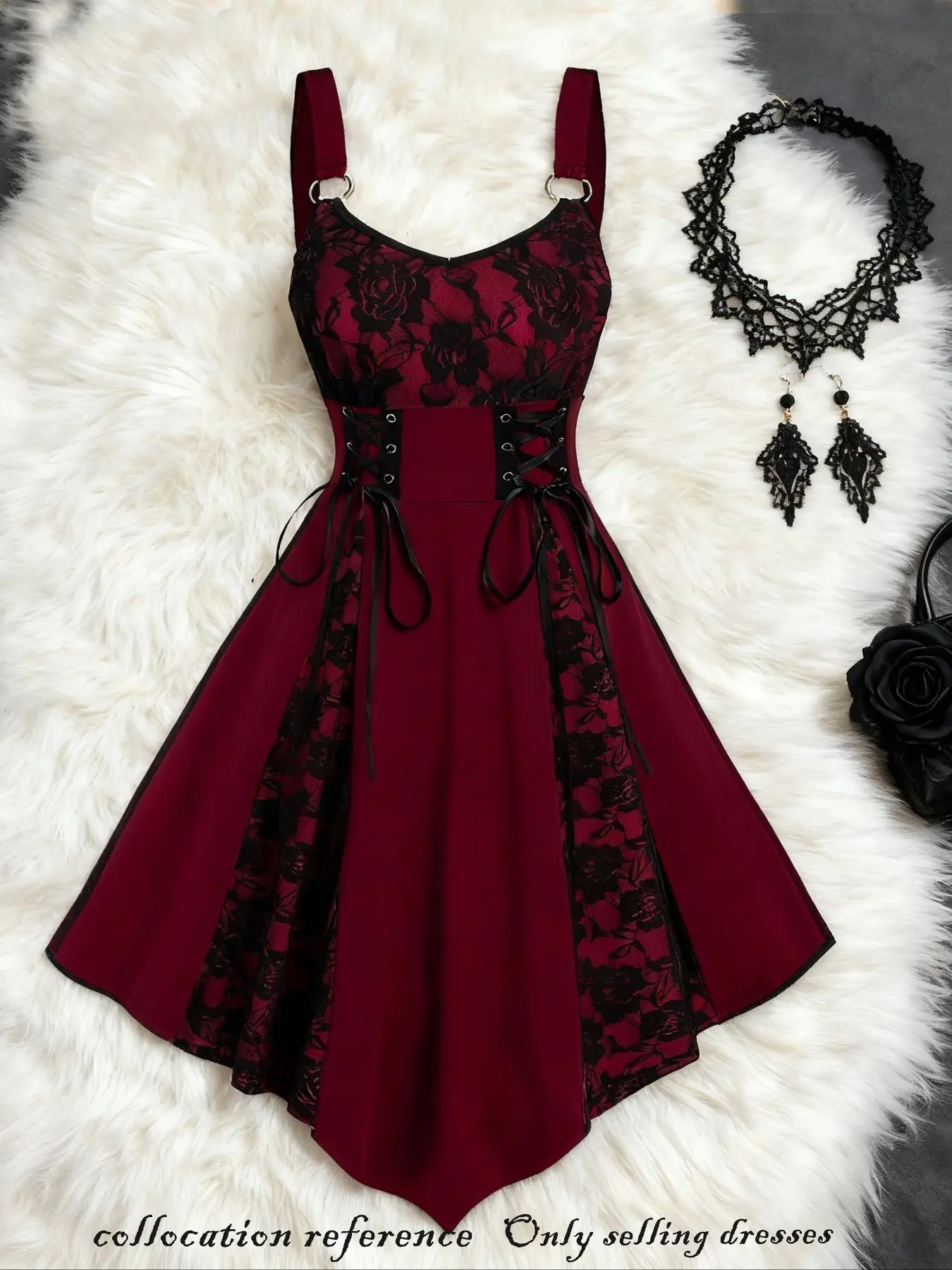 Women's Gothic Lace Patchwork Rose Dress, Sleeveless Waist-Tie Autumn Party Gown, Vintage Aesthetic Style Dress for Gothic Lovers