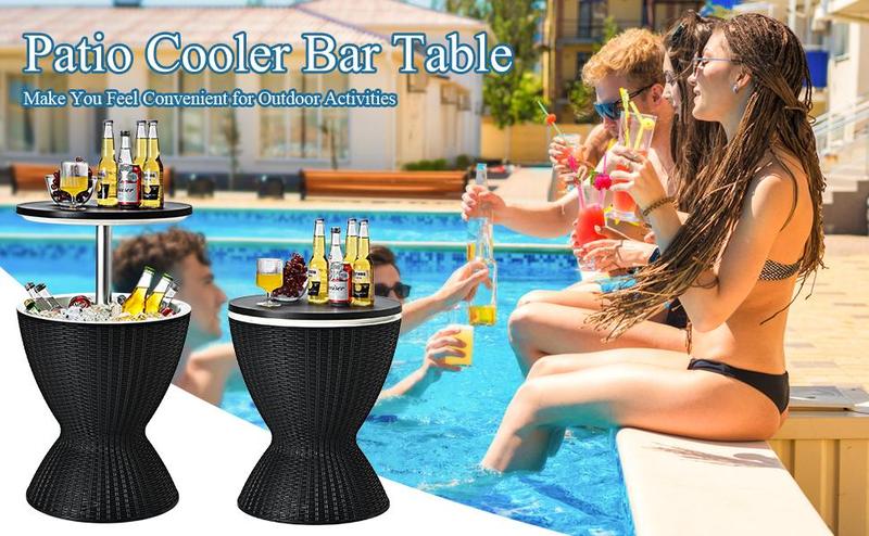 [Costway] Cool Bar Table, 4/8/10 Gallon Beer and Wine Cooler, Rattan Style Patio Bar Tables, Height Adjustable, 3-in-1 Ice Cooler with Drainage Plug, Outdoor Cocktail Table for Deck Pool Party-Deals for You Days
