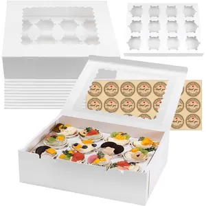 12 Packs 12.8"x 9.84"x 3.54" Cupcake Boxes with Window and 12Pcs White Cupcake Holder and 1Pc Stickers for Birthday Holiday Party Bakery Supplies Bakeware Desserts summervibes