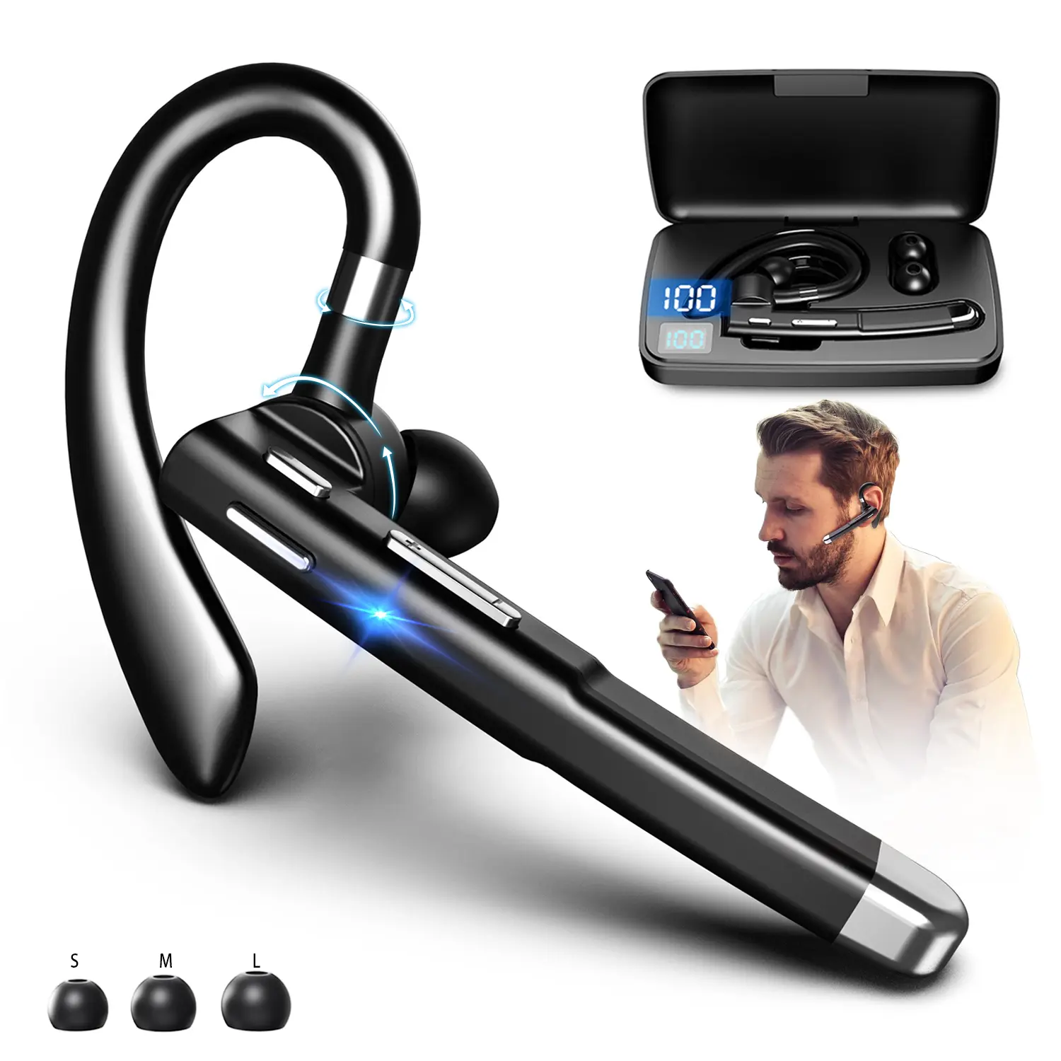 Trucker In-Ear Hands-Free Bluetooth Adapter Wireless Headphones with Mic, 500mAh Charging Case, 400mAh Backup, Button Ctrl Mute, Noise Cancelling, HD Sound, MP3 Compatibility, LED Power Indicator, Android Device Support, Stable Connection Gift