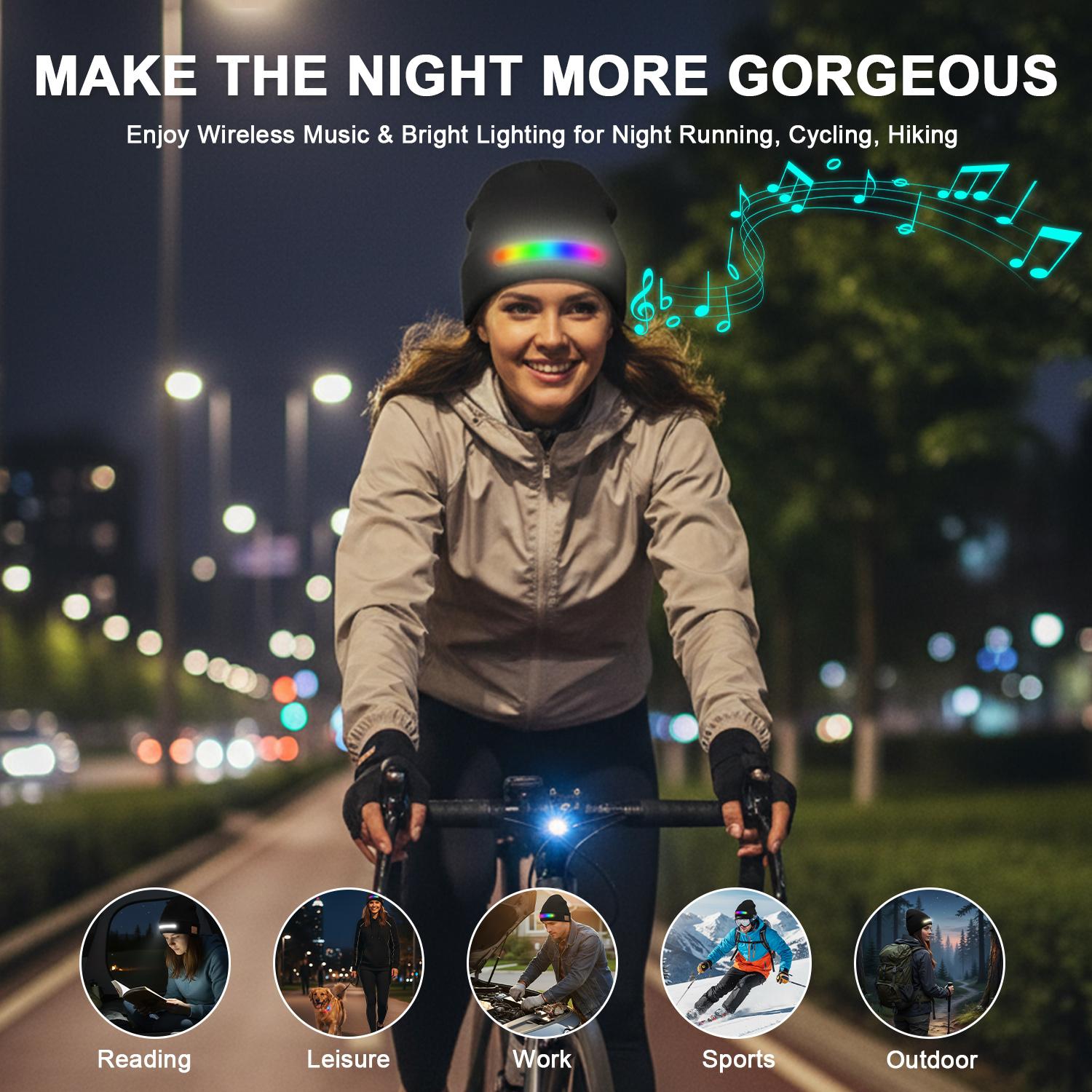 Bluetooth Beanie with a Light, Unisex USB Rechargeable 4 LED Fashlight Hat with Cordless Headphones, Unique Christmas Gifts - Black