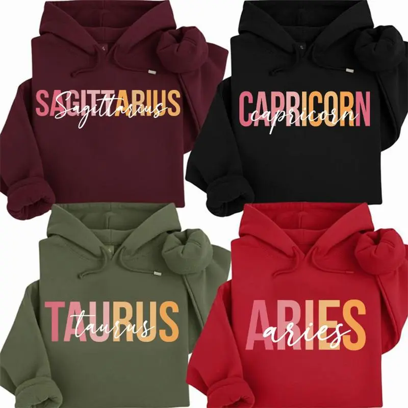 Full 12 Zodiac Minimalist Zodiac Hoodie, Modern Astrology Sign Sweatshirt, Bold Letter Graphic Pullover, Cozy Unisex Hoodie, Horoscope Gift For Zodiac Lovers, gifts for Wife, women's shirt- men's t shirts-mon hoodie