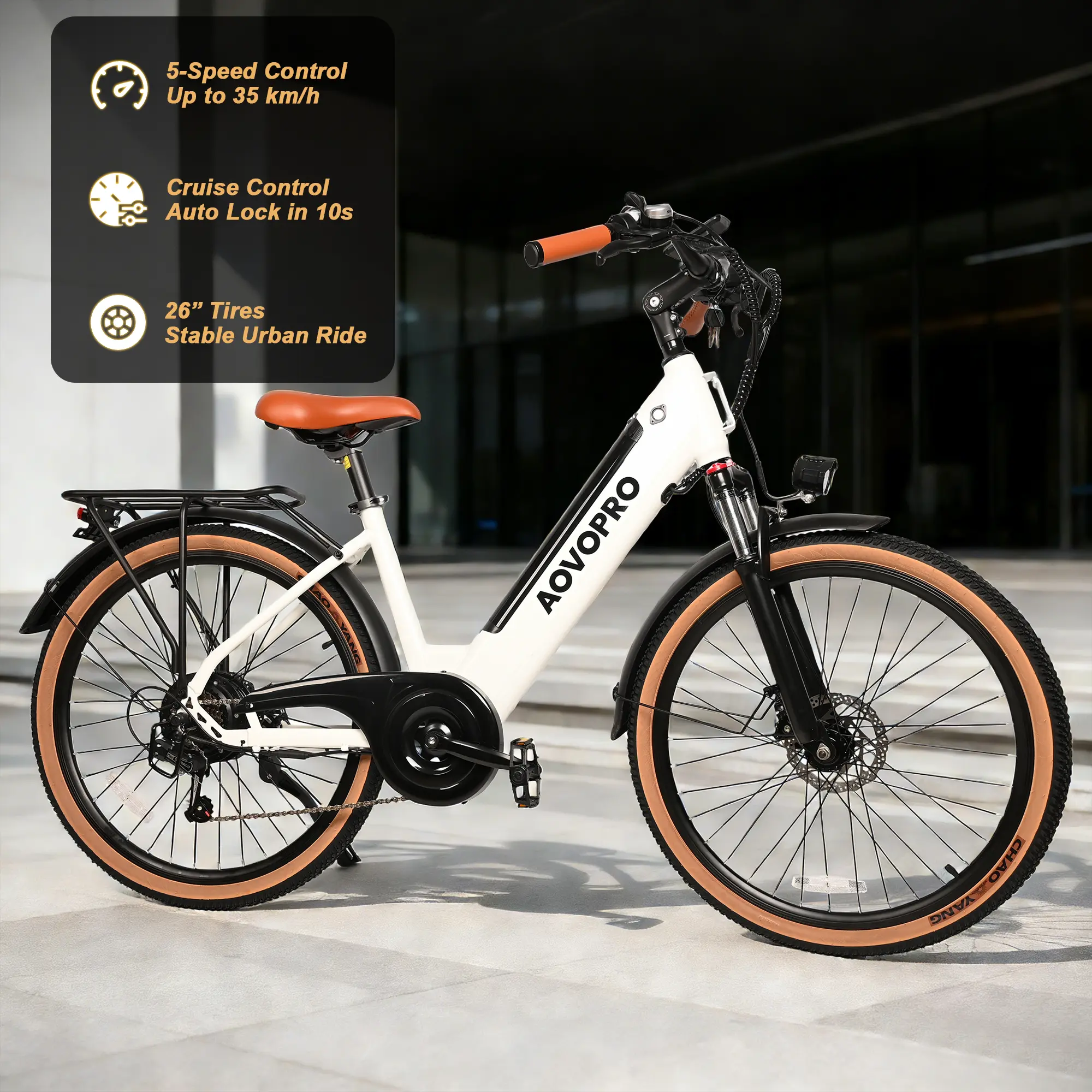 【AOVOPRO&HQYEX】 26’’  Electric Bike | Peak Power 750W | Top Speed 22 mph | Range 25–35 miles | High-Carbon Steel Frame | Removable Battery | Dual Power-Cut Brakes | All-Terrain Tires【BD26】