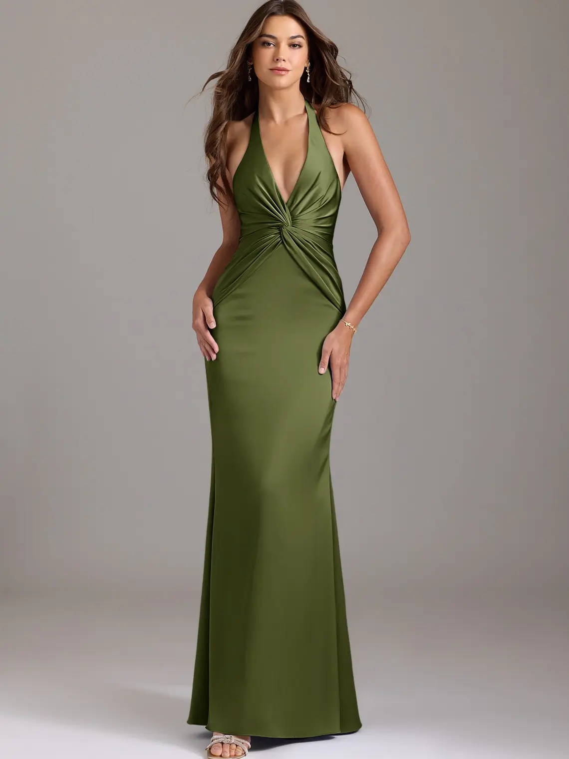 AZAZIE Valerie Women's Formal Bridesmaid Dress in Stretch Satin | Sleeveless Mermaid Gown with Pleated Halter Neck & V-Back