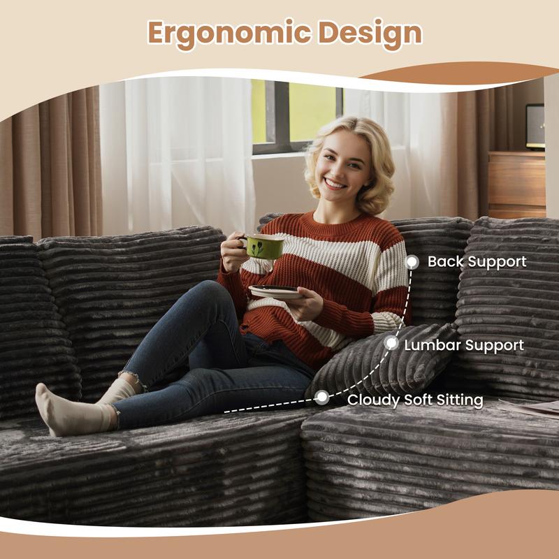 【5 Packages Shipping】Ovios 136" Sectional Cloud Couch for Living Room, Modular Floor Sofa with Plush Corduroy, No Assembly Required, Big Comfy Couches Set with Fluffy Memory Foam, Stupendous U Shaped Sofas with Chaise