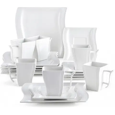 MALACASA Flora Series 18-Piece Porcelain Dishes Set - FDA-Certified BPA-Free Cream White Crockery, Modern Square Glossy Marble Artistic Finish, Stackable Kitchenware for 6, Casual/Formal Use, 220ml Cups, Saucers, Cake Plates, Cutlery (6 Each)