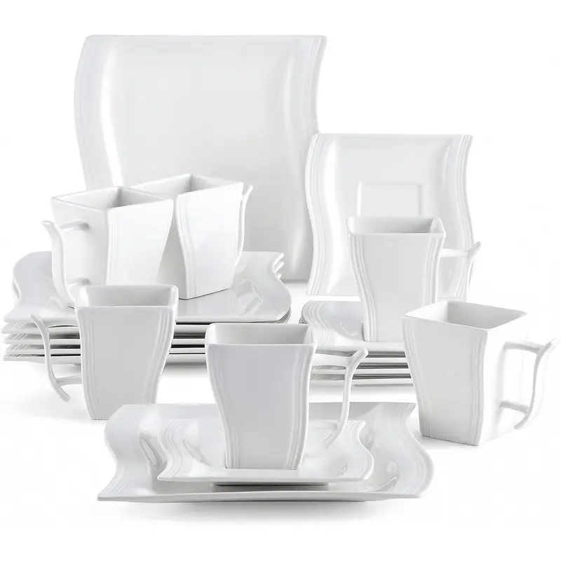 MALACASA Flora Series 18-Piece Porcelain Dishes Set - FDA-Certified BPA-Free Cream White Crockery, Modern Square Glossy Marble Artistic Finish, Stackable Kitchenware for 6, Casual/Formal Use, 220ml Cups, Saucers, Cake Plates, Cutlery (6 Each)