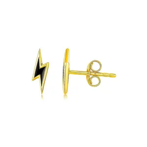14k Yellow Gold and Enamel Black Lightning Bolt Stud Earrings