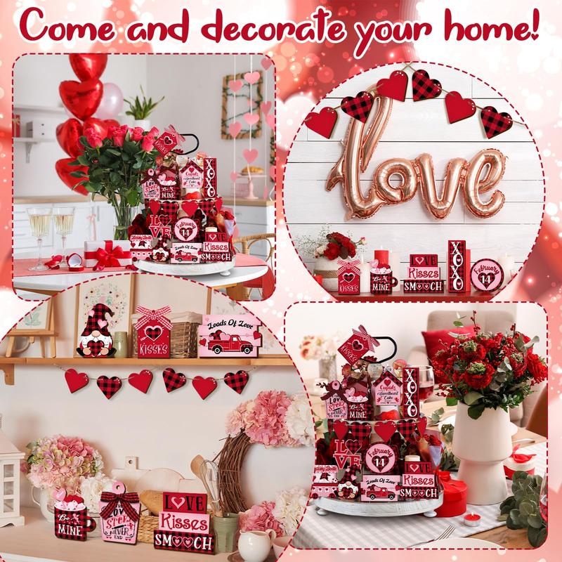 Valentine's Day Wooden Tiered Tray Decor 20 Pcs without Tray, Gnome Love Letter Dwarf Car Design Table Decor Wooden Ornament Desktop Tabletop Centerpiece Romantic Decor for Anniversary Wedding Party Room Bedroom Kitchen Home Valentines Gift