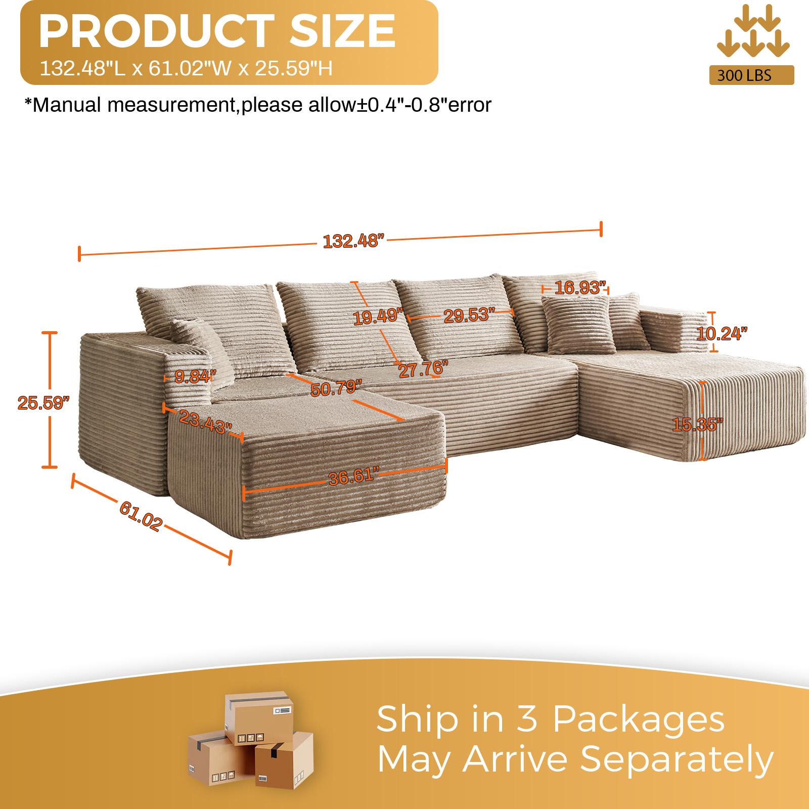 ModMood Compress Sofa Sectional 133x70" Oversized Corduroy Cloud Couch U-Shaped Modular Set with Chaise Ottoman 7 Pillows No Assembly Required Soft Plush Modern Modular Living Room Essential