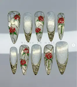 Stained Glass Rose Press On Nails | 3D Gold Luxury Floral Nails | Beauty and the Beast Inspired Fake Nails | Handmade Enchanted Rose Nails | Romantic Gift Set