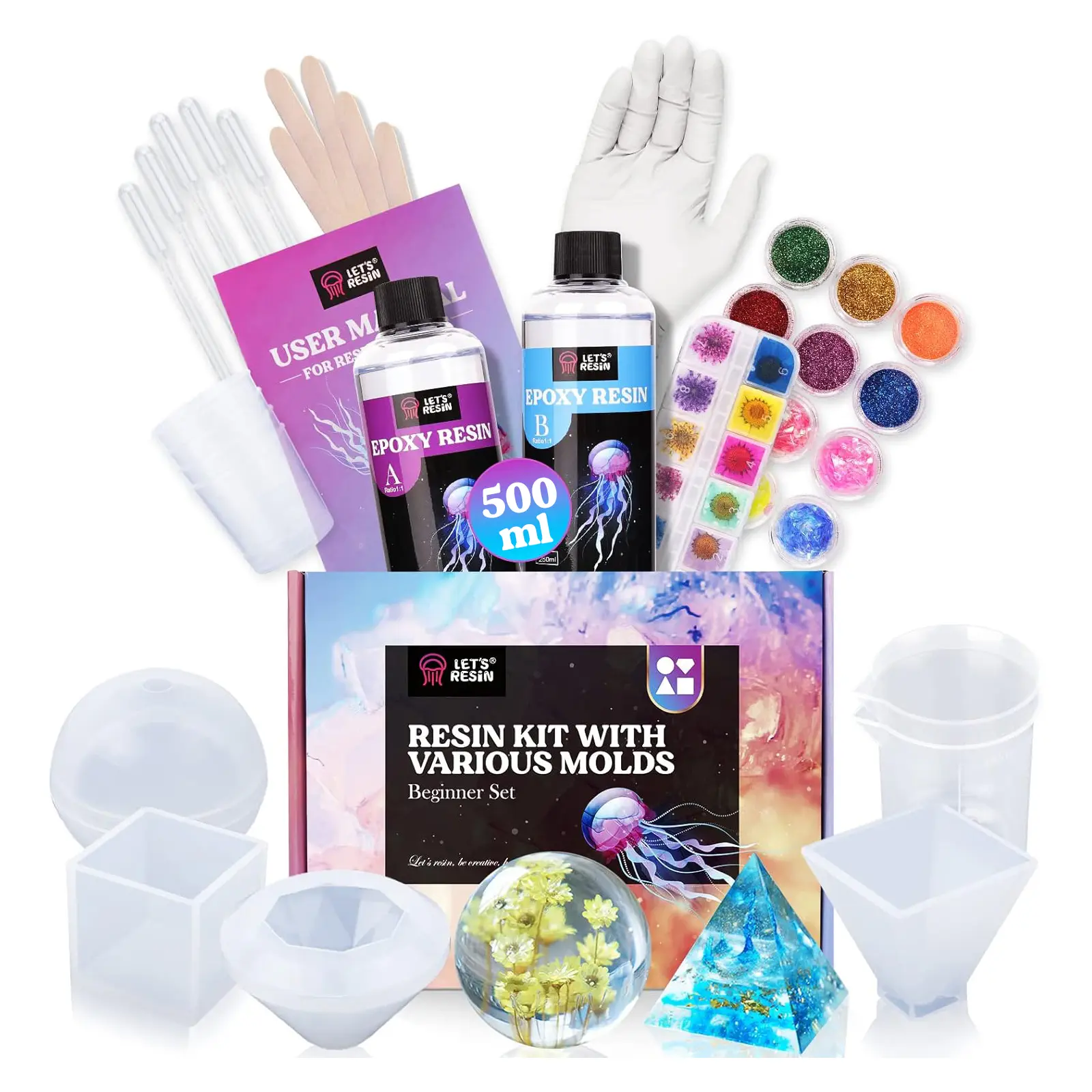 LET'S RESIN 16OZ Epoxy Resin Mold Kit for Beginners, Complete DIY Set with Sphere, Pyramid & Coaster Molds, Create Family Photo Keepsakes, Personalized Gifts, Christmas Crafts & Holiday Decor