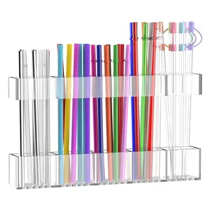 Adjustable Large Acrylic Straw Holder for Cabinet Door –  Two-Part Organizer with Ultra Sticky Adhesive Strips | 2025 Reusable Straw Storage for Kitchen Cupboards (Transparent)
