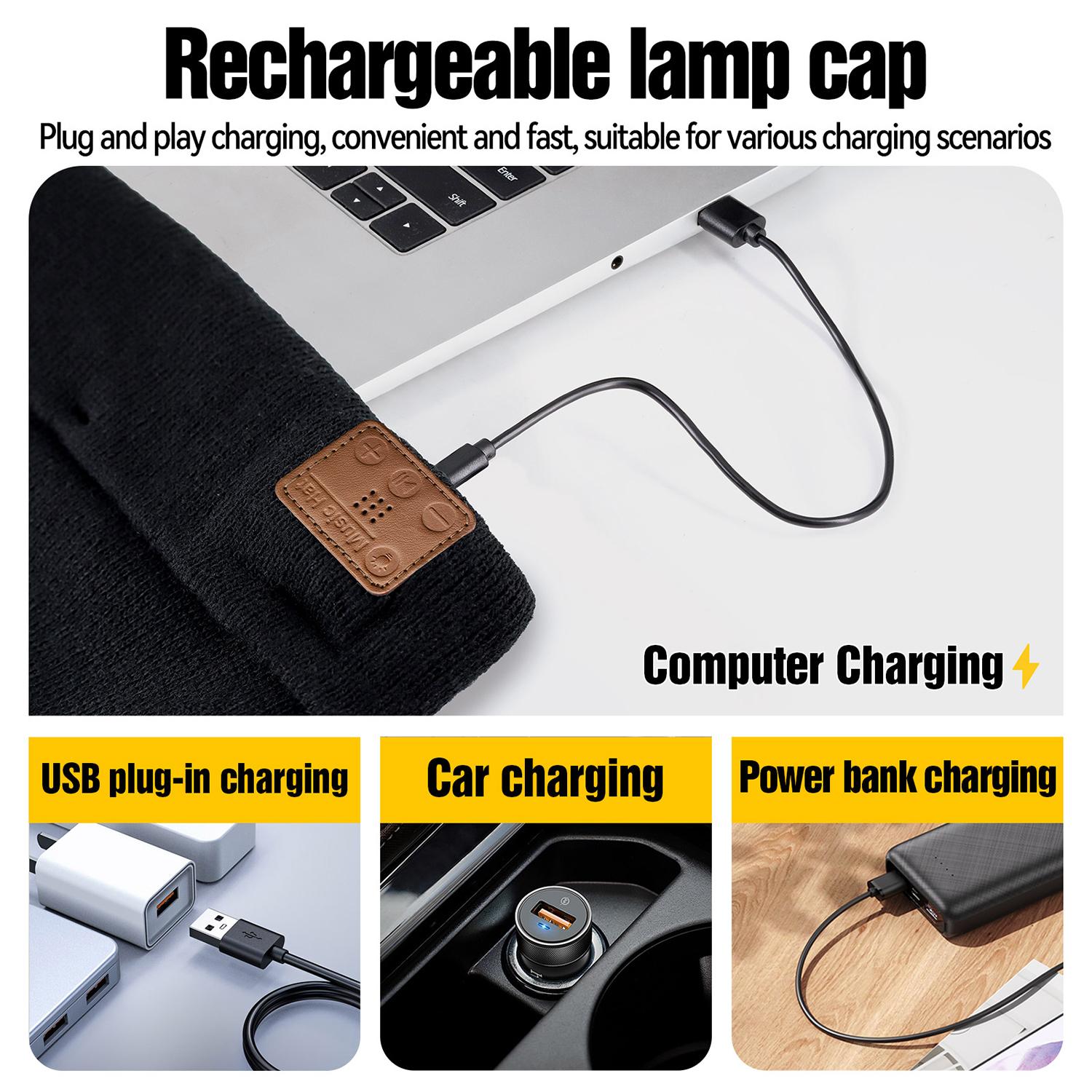 Bluetooth Beanie with a Light, Unisex USB Rechargeable 4 LED Fashlight Hat with Cordless Headphones, Unique Christmas Gifts - Black