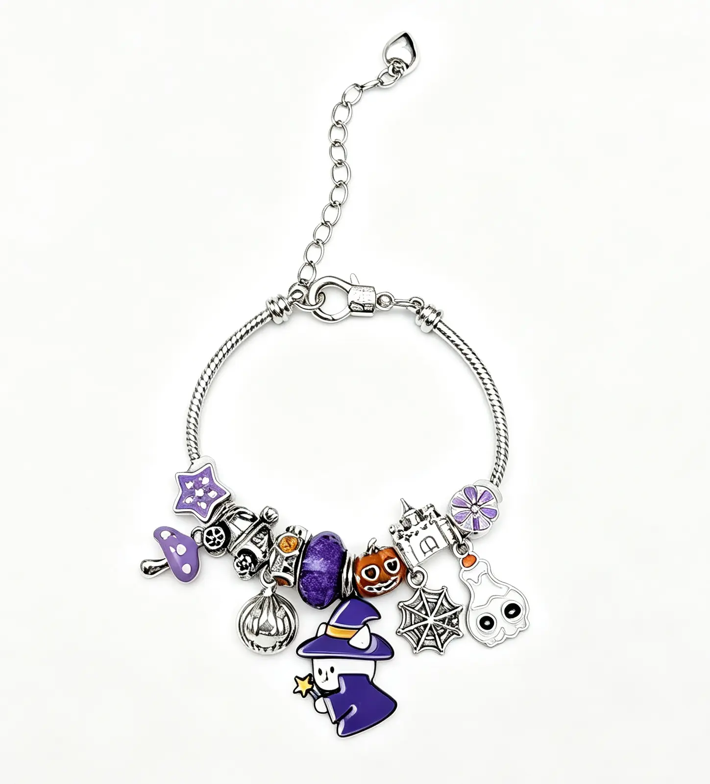 Halloween Witch Cat Charm Bracelet, Adjustable Silver Snake Chain Bangle with Pumpkin Ghost Spider Web Castle Purple Beads, Spooky Holiday Jewelry Gift for Women Teen Girls