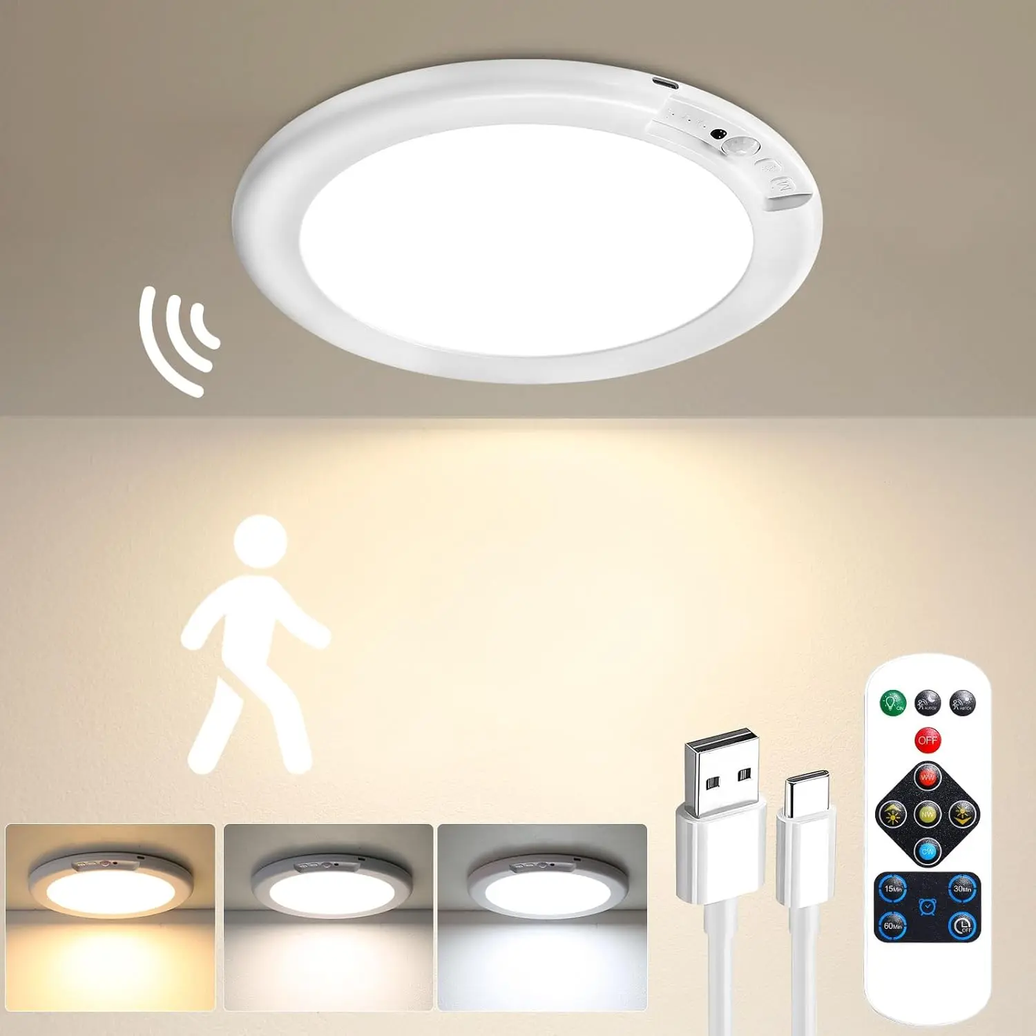 Rechargeable Motion Sensor Ceiling Light with Remote - Magnetic Wireless Battery-Powered, Auto Shut-Off Automatic Light, Ceiling-Mounted Changing Rechargeable Spot for Closet, Stairs, Motion Sensor Ceiling Lights