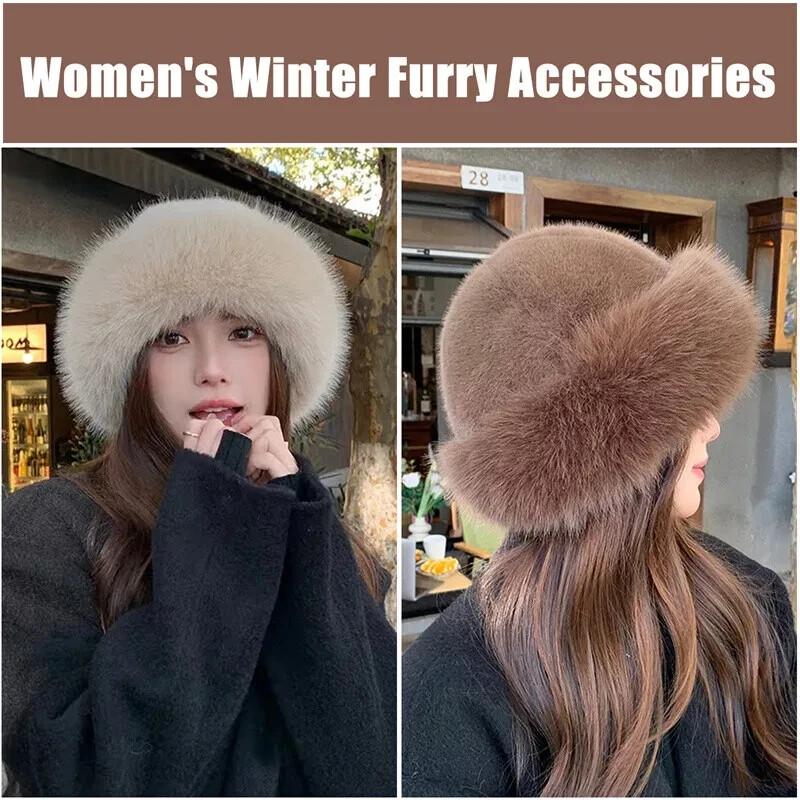 omens Winter Faux Fur Bucket Hat, 2025 New Warm Plush Fluffy Furry Mink Hats Thick Fisherman Cap for Girls Women