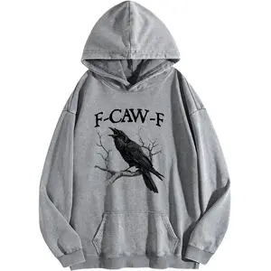 Holafish Women's F-Caw-F Black Crow Print Acid Wash Hoodie Vintage Sweatshirt Oversized Loose Fit Winter Warm Streetwear Casual Tunic