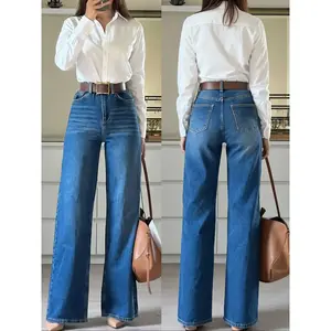 Women's high elasticity denim jeans, casual loose wide leg pants, all season fashion, solid color pattern, comfortable and fashionable