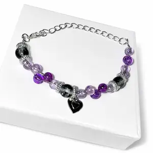 Purple Paradise Handmade Beaded Layered Wire Bracelet with Chain for Adjustment Featuring Heart Charm and Purple Beads