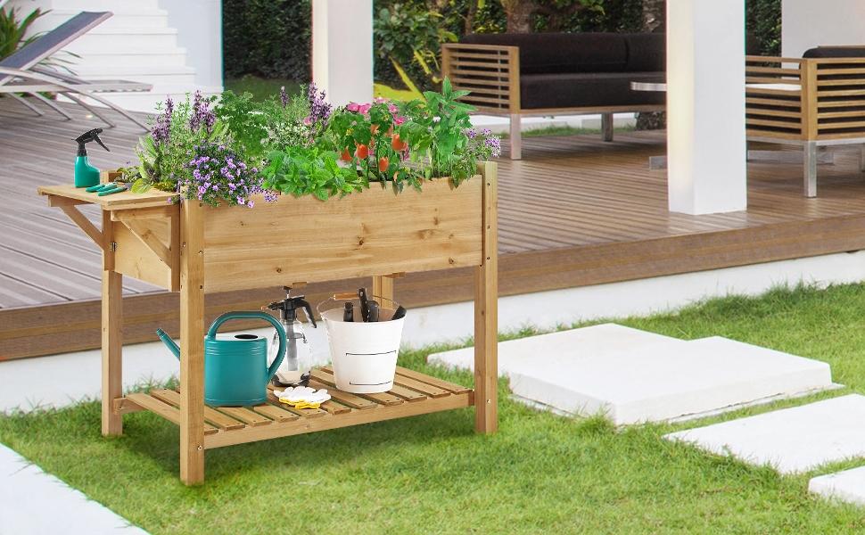 【Foldable Table Ledge】Yaheetech Solid Wood Elevated Garden Bed Planter Box with Removable Grow Grids, Fabric Inner Liner 【Foldable Table Ledge】Yaheetech Solid Wood Elevated Garden Bed Planter Box with Removable Grow Grids, Fabric Inner Liner