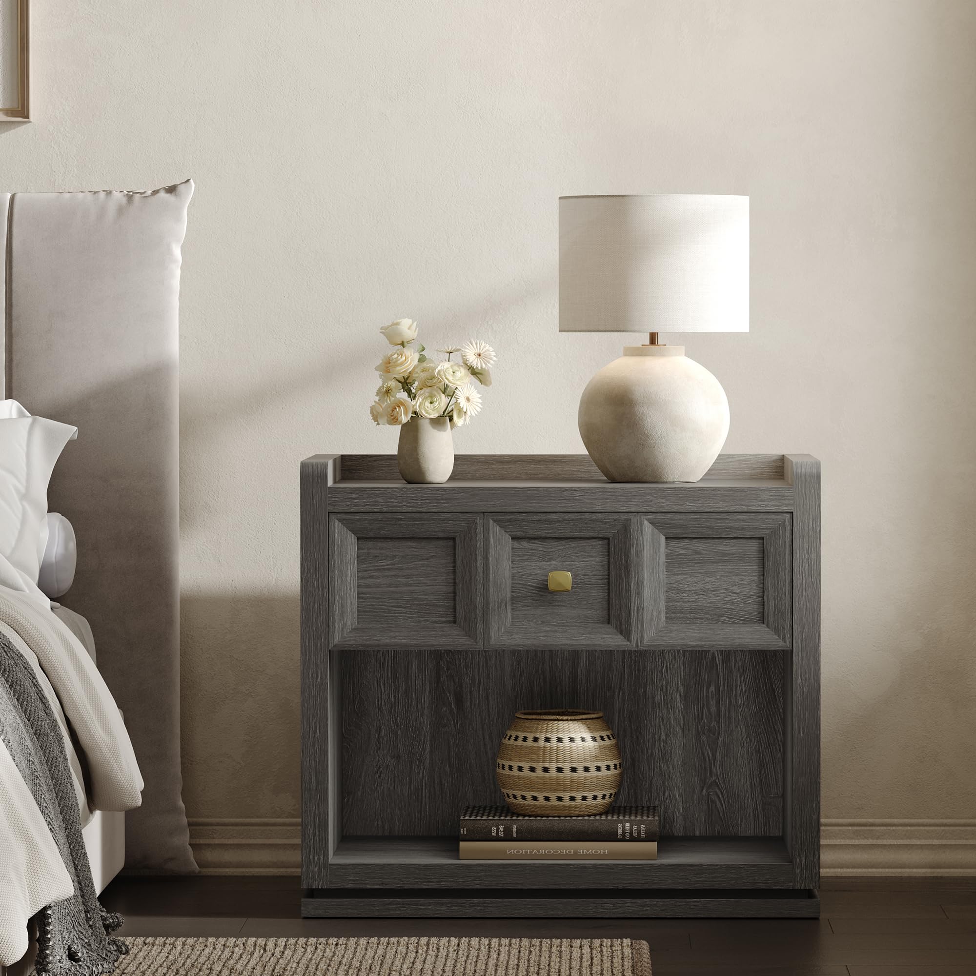 SICOTAS 31" and 26” Wide Nightstands Set of 2, Large Night Stands with Drawer, Oversized King Size Nightstand Bedside Table for Bedroom, Farmhouse End Side Table Set of 2 with Round Corners,Grey White Oak,Durable and Sturdy