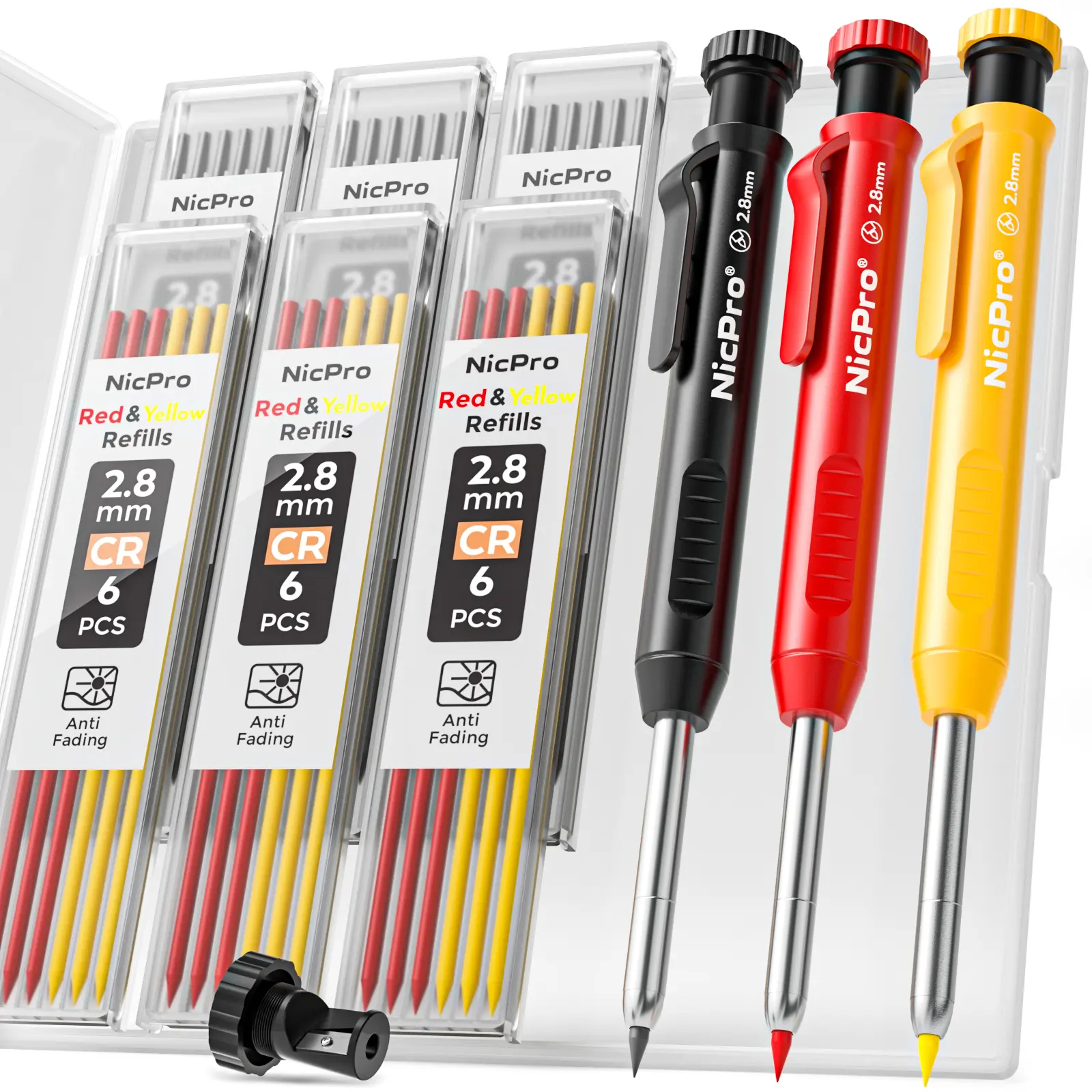Nicpro Carpenter Pencil with Sharpener, Mechanical Carpenter Pencils with Refills, Construction Pencil Heavy Duty Woodworking Pencils for Architect (Red, Black, Yellow)- With Case,,back to school,back to school haul