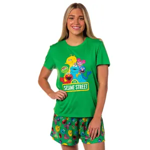 Sesame Street Women's Distressed Print Elmo Cookie Monster Sleep Pajama Set Shorts