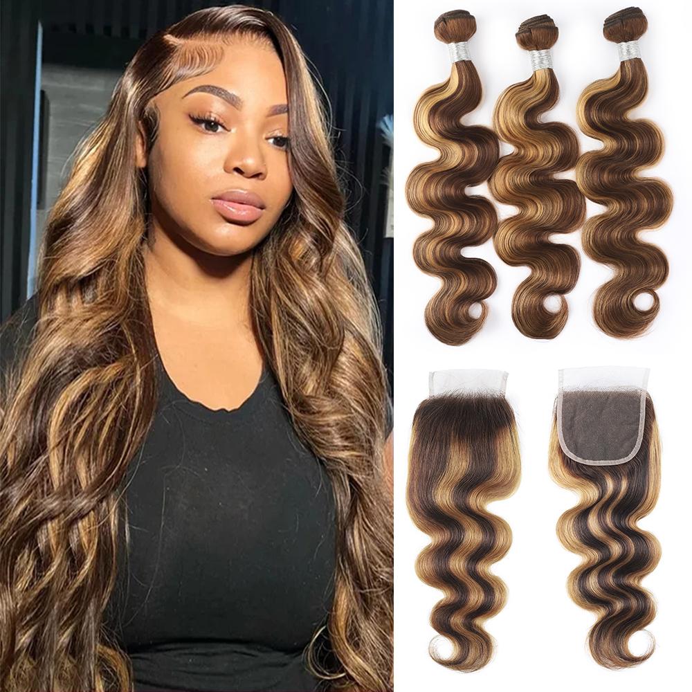 Highlight Honey Blonde Hair with Closure Brazilian Body Wave Human Hair 3 Bundles with 4x4 Lace Closure P4/27