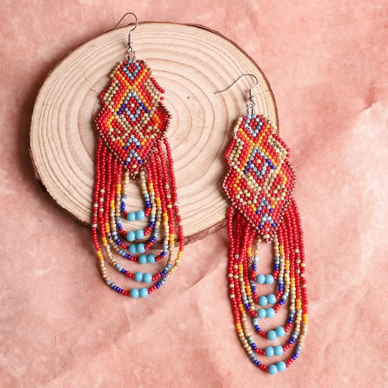 Bohemian Ethnic Acrylic Bead Detail Earrings, Handmade Glass Bead Tassel Design, All Year Brass Studs for Teenagers, Geometric Accents