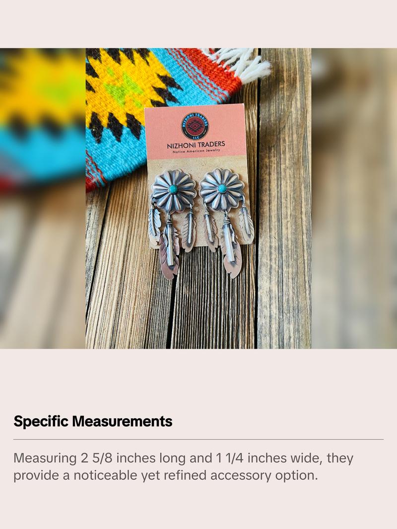 Navajo Sterling Silver & Turquoise Concho Feather Dangle Earrings