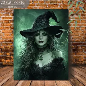 2D Flat, 1pc Mysterious Green Witch Framed Canvas Painting - Dark Gothic Wall Art with Wood Frame, Vintage Witchcraft Poster for Bedroom, Living Room Decor, Ready-to-Hang Enchanted Witch Picture (Green & Dark Tones), 2D Flat	
