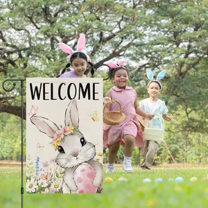 Welcome Easter Garden Flag 12x18 and 28x40 Double Sided - Cute Bunny with Flower Crown & Pink Egg, Rustic Burlap Spring Yard Decor, Seasonal Welcome Sign for Outdoor Home Decor