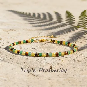 Triple Prosperity Bracelet Natural Tiger's Eye Citrine Green Aventurine Tiny Beads Crystal Healing Chakra Minimalist Bracelet Gift
