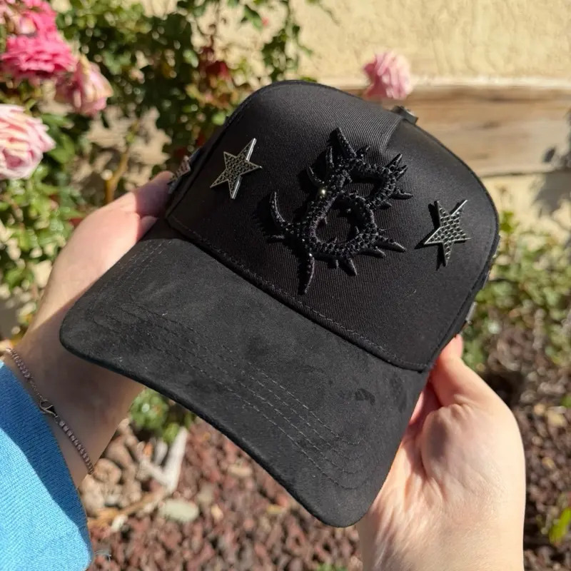 Barbas Nebula Premium Black Cap with Unique Design Central Embroidery and Relief Details Metal Stars on Sides Suede Brim for Casual or Urban Outfits