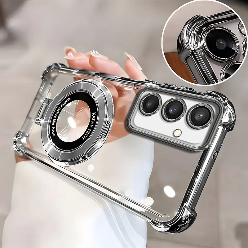 Suitable for [Galaxy S24 Fe] high-end phone case🥰, Electroplated Luxury Clear Phone Case with Ring Stand Holder 4-Corner Shockproof Camera Protective Cover 952