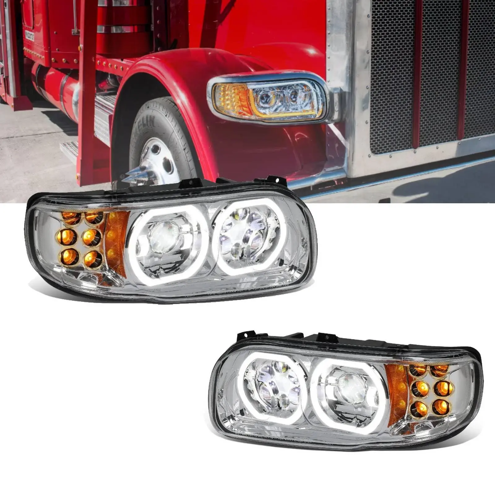 Torque Chrome Waterproof LED Front Headlight Pair Replacement for 2008-2022 Peterbilt 388, 389, 567 Semi Trucks, DOT SAE Approved, Driver & Passenger Side (TRH510101CL & TRH510101CR), Chrome Headlights, Headlight Waterproof