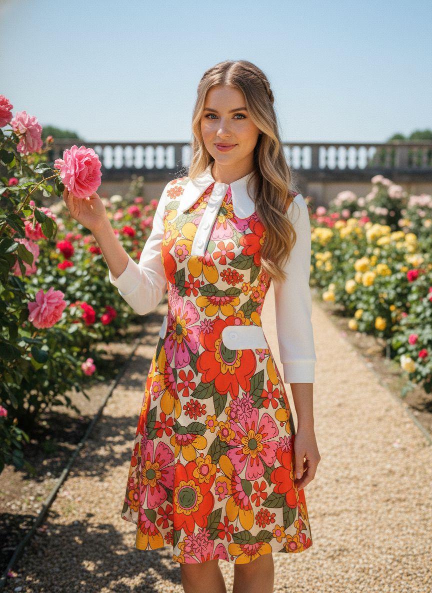 Retro Stage 1960s Orange Printed A-Line Dress with Peter Pan Collar, 3/4 Sleeves, Floral Patchwork Pockets, Lightweight for Commuting Casual Outings Womenswear