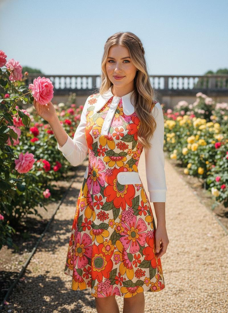 Retro Stage 1960s Orange Printed A-Line Dress with Peter Pan Collar, 3/4 Sleeves, Floral Patchwork Pockets, Lightweight for Commuting Casual Outings