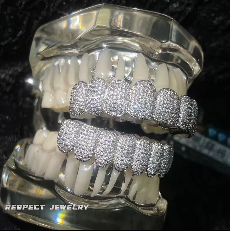 Diamond Grillz unisex 8-Tooth Micro-Paved Zircon Full Coverage Iced Out Luxury Statement Hip Hop Party Nightclub Performance