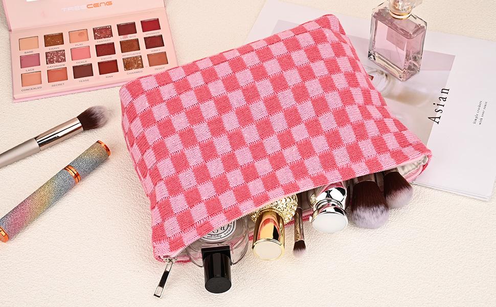 SOIDRAM 2 Pieces Makeup Bag Large Checkered Cosmetic Bag Capacity Canvas Mix Travel Toiletry Bag Organizer Cute Makeup Brushes Aesthetic Accessories Storage Bag for Women, Checkered Mix Rose Red