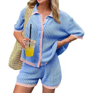 Imily Bela Womens 2 Piece Short Sets Summer Short Sleeve Collared Tops Beach Vacation Cover Up Crochet Knit Lounge Outfits