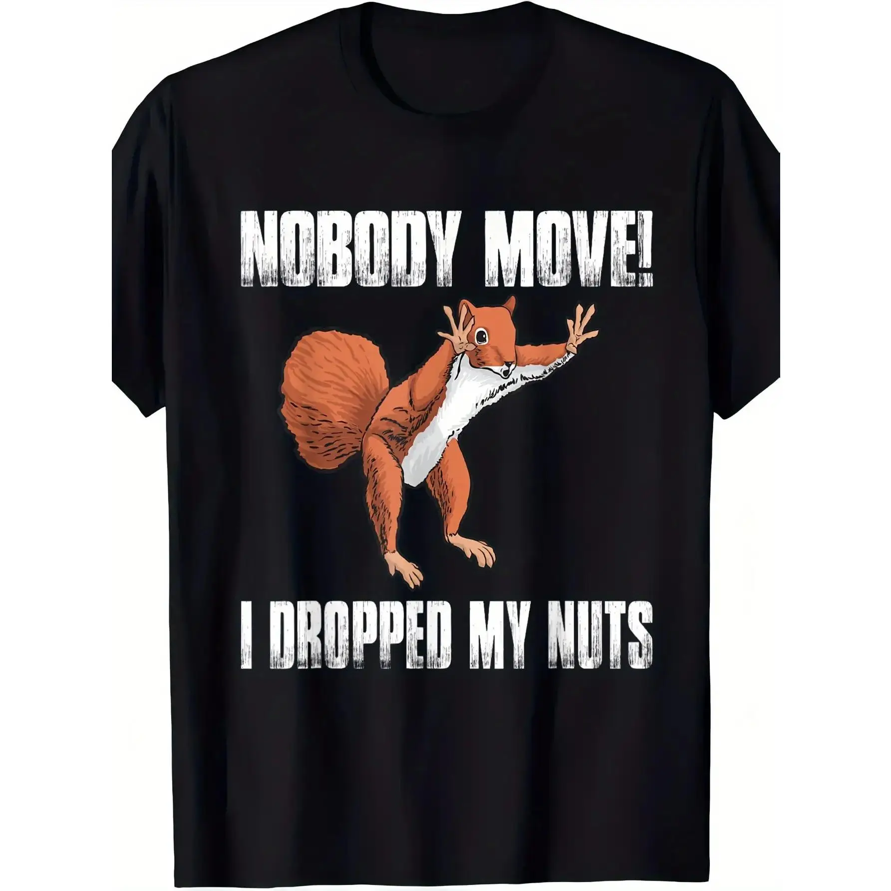Men's Funny "Nobody Move I Dropped My Nuts" Squirrel Graphic T-Shirt - Soft Breathable Loose-Fit Crewneck, Father's Day Gifts Dad Gifts Men's Stuff, Summer Casual Party Top, Machine-Washable Black