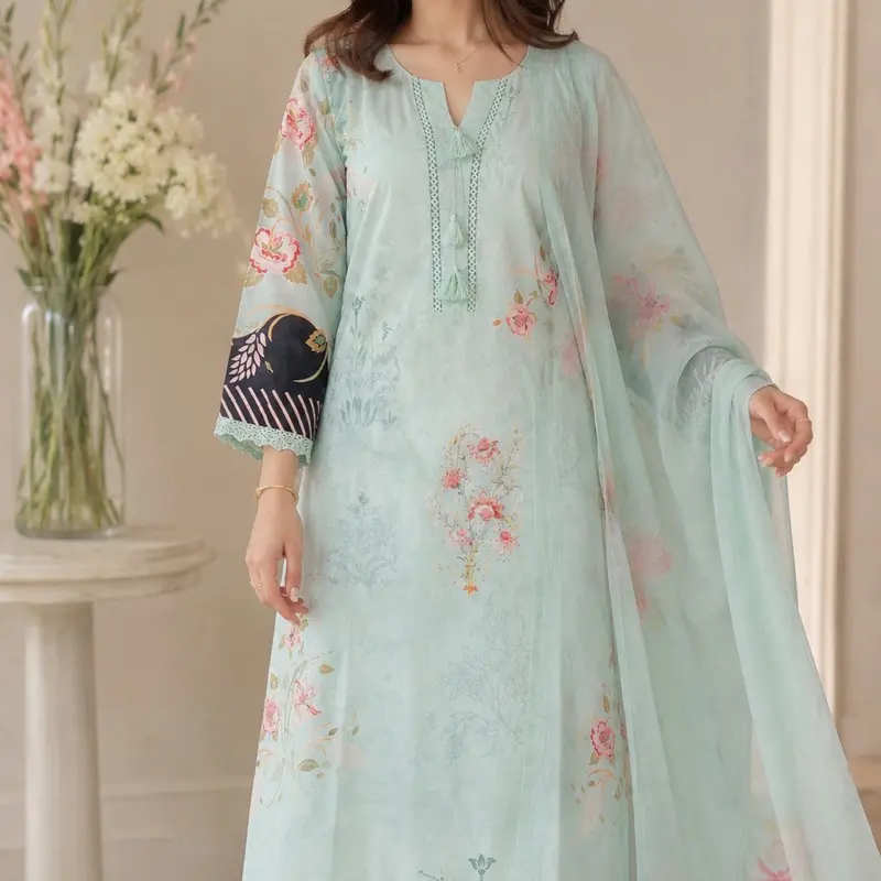 New Summer Style Pure Cotton 3PC Suit  | Elegant Mint Floral Punjabi Dress