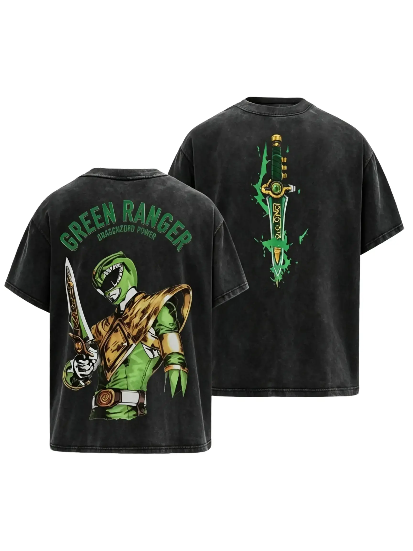 Women's Green Ranger Dragon Dagger Graphic Print Cotton T-Shirt, Vintage Washed, MMPR Superhero Design, Oversized Heavyweight Medium Length Short Sleeve Tee, Multi-Size, Cold Wash Compatible