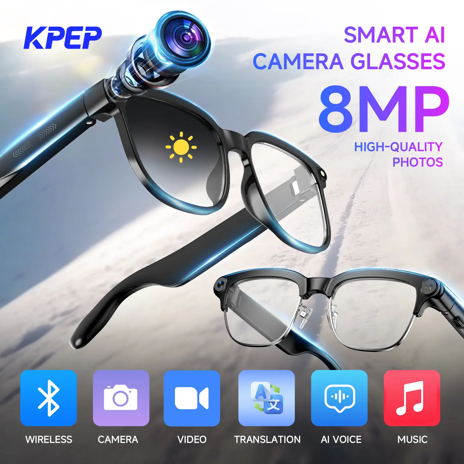 KPEP Smart AI Camera Glasses with 8MP Photochromic Lenses, Button Touch Adjustment for Travel Outdoor Adventures Hands-Free Photography 160+Languages Real-Time Translation Bluetooth Wireless Wearable Video Recording Vlog tiktokshopbacktoschool