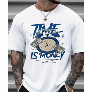 "Unisex 100% Cotton Round Neck Short - Sleeve T - Shirt - 'Time Is Money' Graphic Basic Tee For Summer Men's Tops" Casual Heart Print T-Shirt