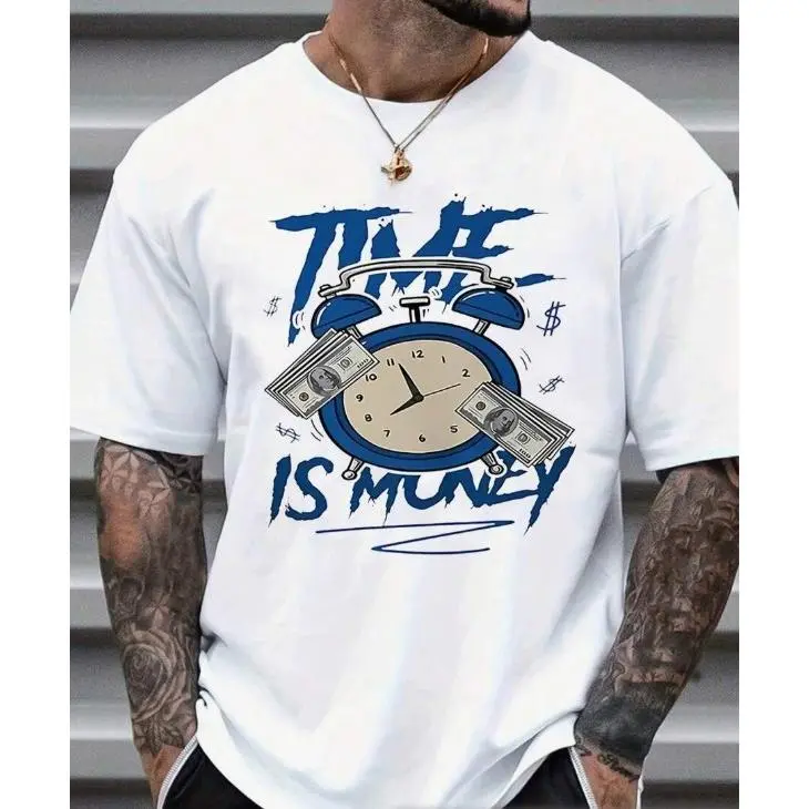 Unisex "Time Is Money" Graphic T-Shirt, Retro Clock & Dollar Print Short Sleeve, Street Style Summer Top,  White, Up to 3XL Casual Crewneck