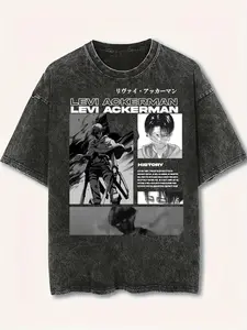 Men's Attack on Titan Levi Ackerman Washed Short-Sleeve T-Shirt, Anime AOT Graphic Menswear Sportswear Top, Vintage Wash Oversize Round Neck Distressed Festive Fan Gift